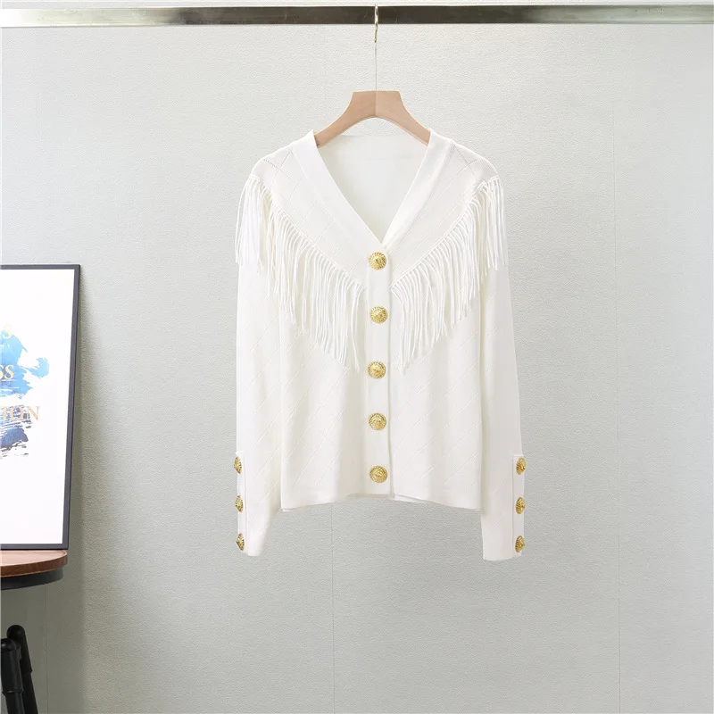 

TRAF Autumn New Fashion Hollowed Out Knit Long Sleeve Cardigan Women Fashion V-neck Fringe Wild Fashion Small Coat Outside