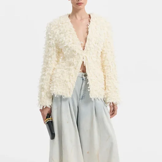 PUAL Cream Fluffy Fringe V Neck Jacket Women Drawstring Front Loose Long Sleeve Elegant Daily Party Textured Outerwear Coat