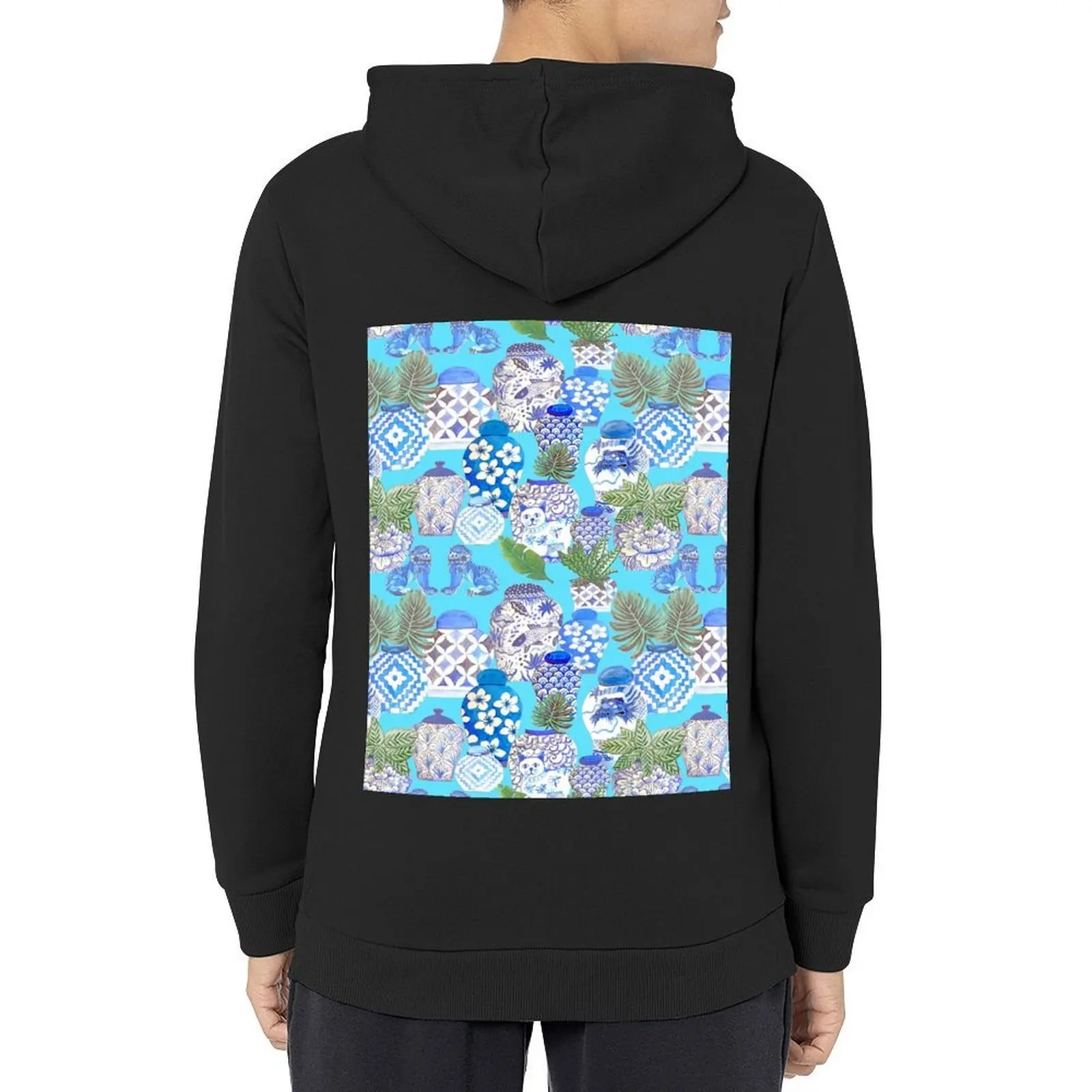 

ginger jars and palms or plants with foo dogs on teal Hoodie men's clothes men's sweat-shirt set korean clothes hoodie men