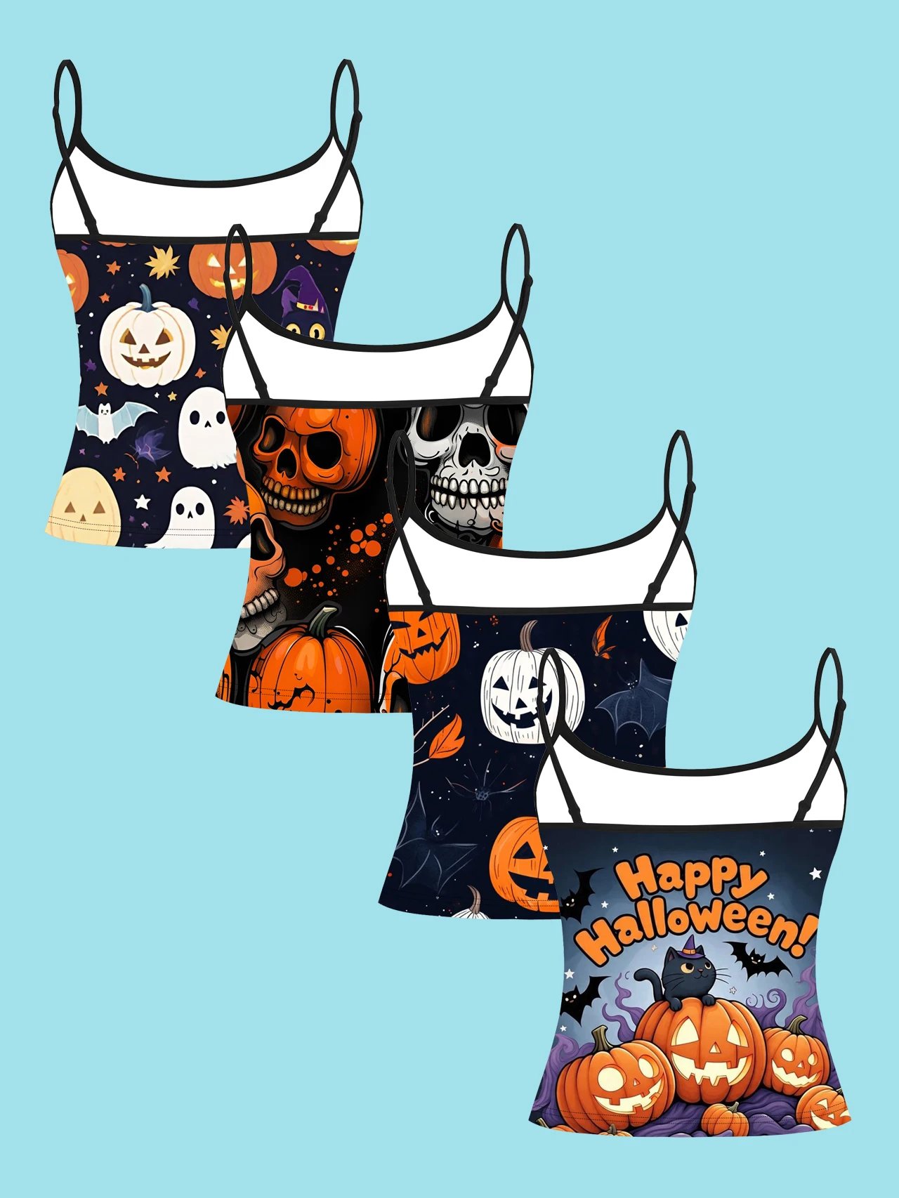 4-Piece Set of Halloween Cartoon Pumpkin Ghost Black Cat Women's Camisoles with Full Print of Skulls, Bats, and Stars, Slim-Fit Spaghetti Strap Short Camisole Tops