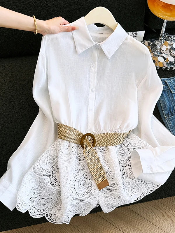 

Casual Lace Patchwork Long Sleeve Women's Shirt Spring 2026 New Style Slimming Waist Belt Commute Friendly Loose Fit Top