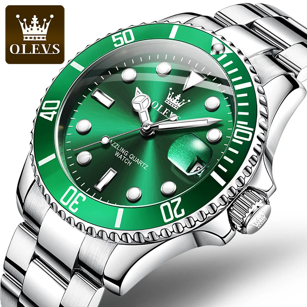 OLEVS Men Green Water Ghost Watch Luxury Top Brand Business Waterproof Large Dial Sports Stainless Steel Wristwatch Men 5885