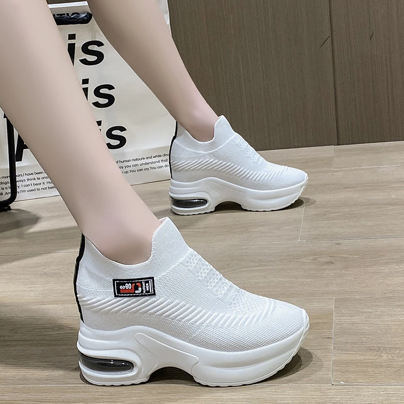 New Ladies Sneakers Spring Sequin Casual Women\'s Platform High Heels Wedge Heel Heightening Knitted Ladies Vulcanized Shoes