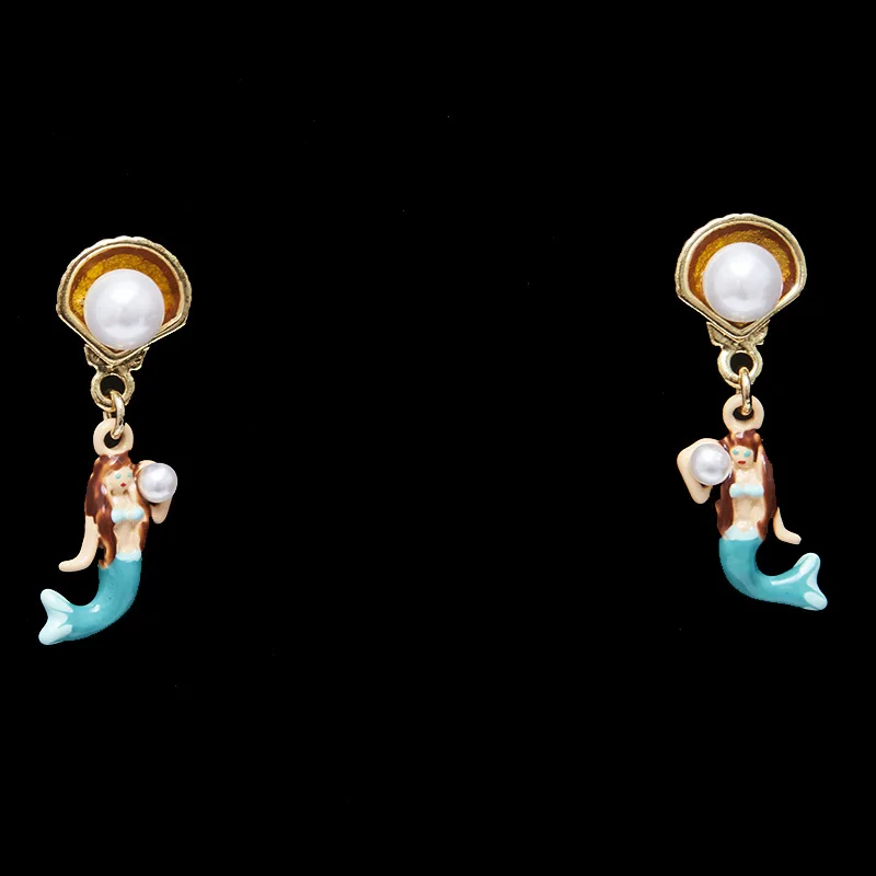 

Fashion Cute Niche Design Handmade Enamel Glass Pearl Shell Mini Mermaid Charming Dangle Earrings for Women Fairy Style Ear Clip