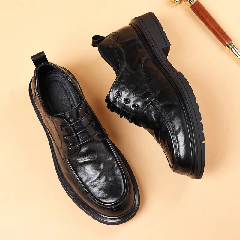 Spring/Autumn 2026 New Men's Business Casual Leather Shoes, High-end Genuine Leather Men's Thick-soled Fashionable Single Shoes