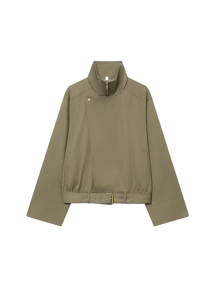 

European style new women's fashionable and versatile solid color short high-neck trench coat with belt embellishment.