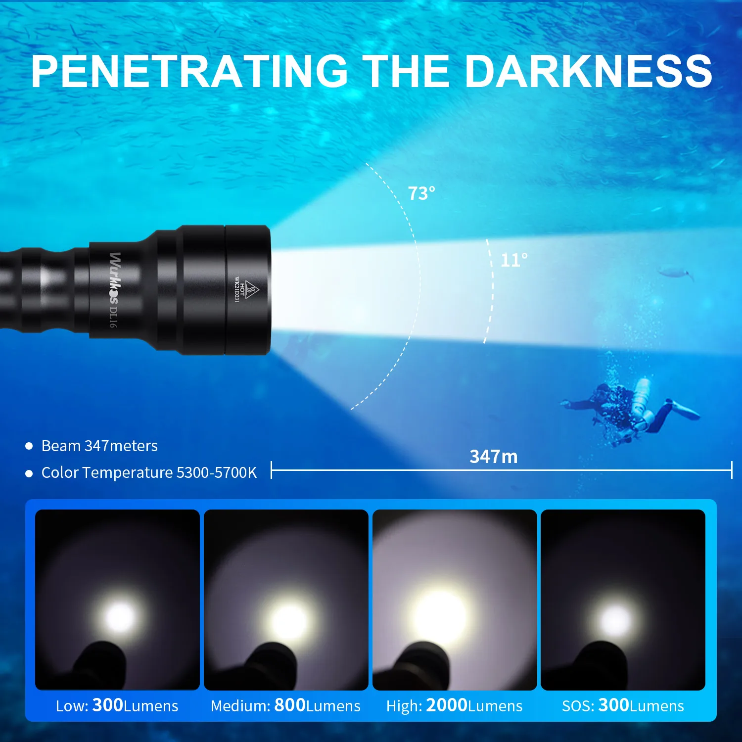 Wurkkos DL16 Rechargeable EDC Scuba Diving Torch 2000LM SST40 Led Lamp 18650 Outdoor Light  IP68 Underwater Lantern Tail Switch