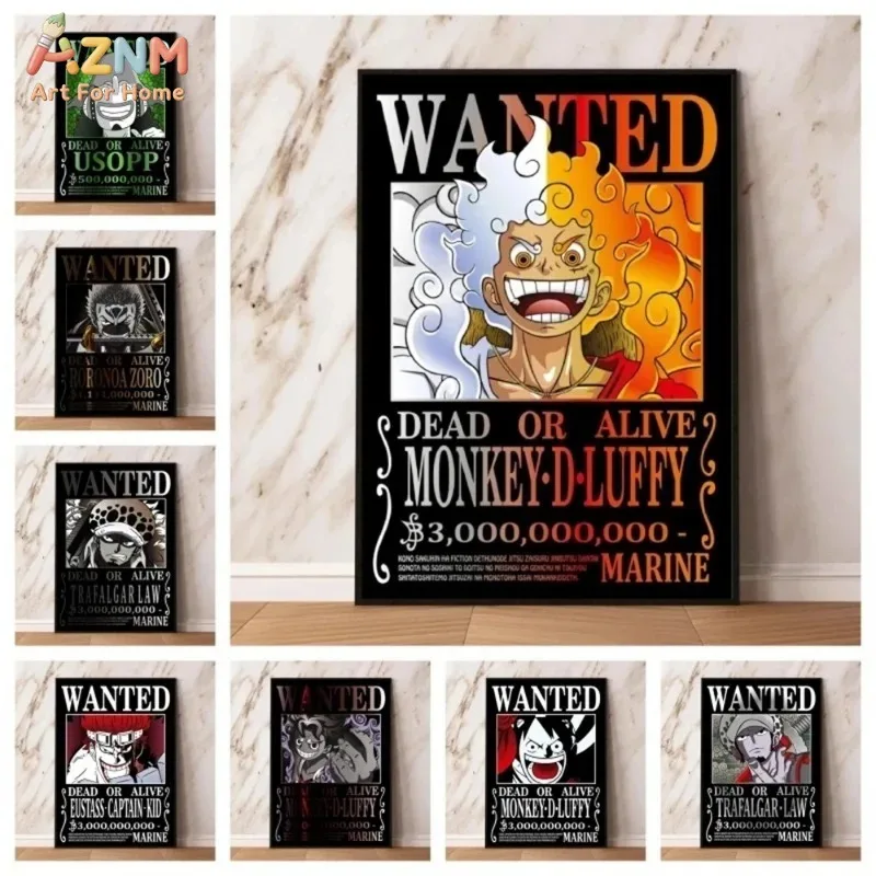 AZNM One Piece Luffy Ace Franky Nico Robin Dark Wanted Bounty Poster Anime Frameless Canvas Wall Art, Retro Black Style Manga Ho
