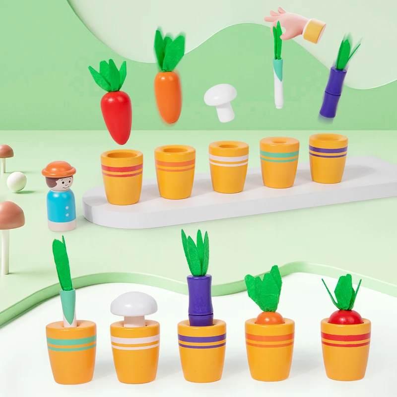 Children's Cute Flower Pot Planting Color Matching Game Vegetable Size Cognitive Thinking Training Puzzle Wooden Toy