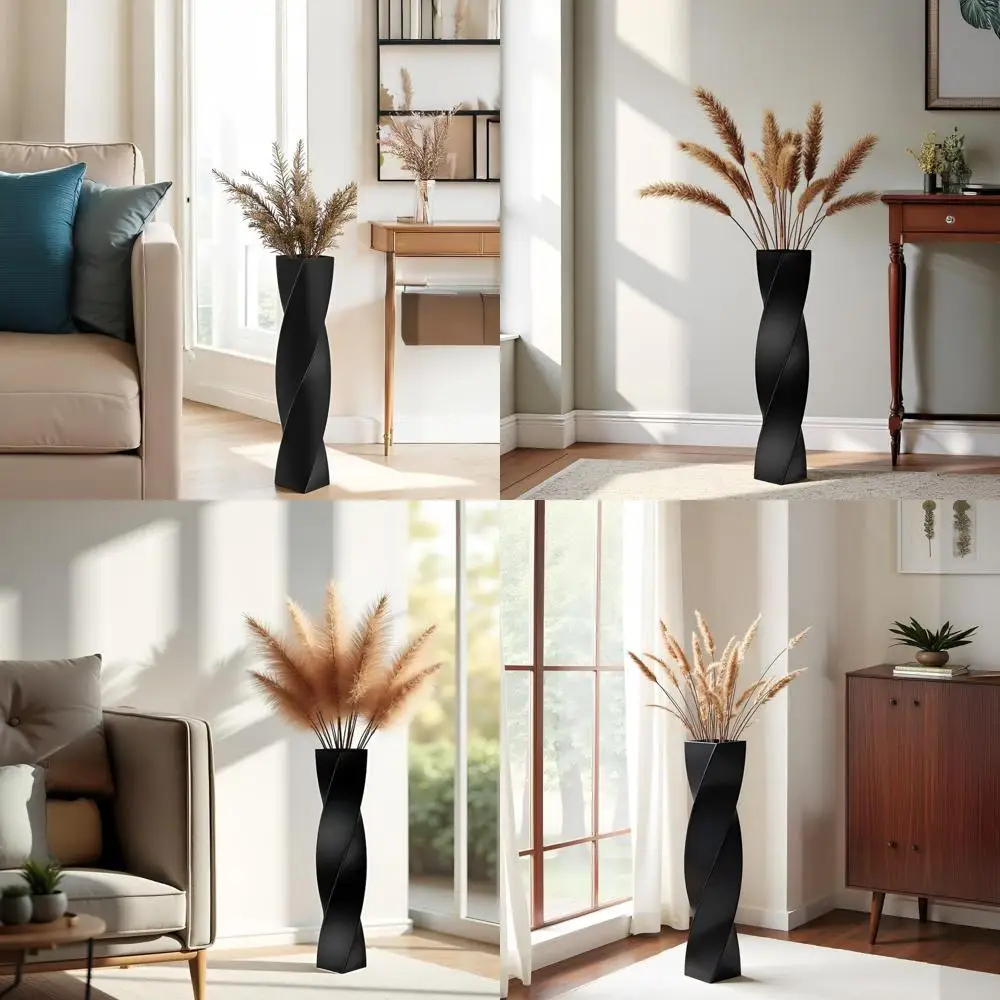 

23.6 Modern Tall Black Square Twist Floor Vase for Home Decor, Matte Finish, Ideal for Dried Flowers and Pampas Grass Centerpiec