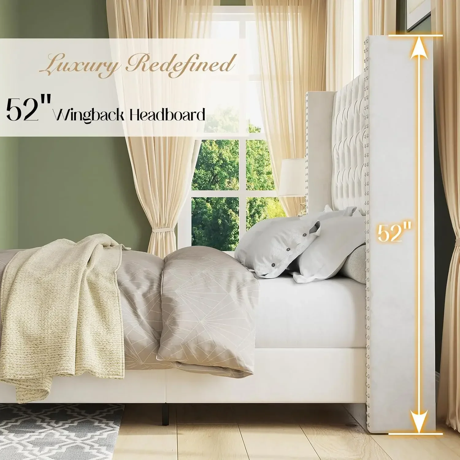 Queen Upholstered Bed Frame with Tall Headboard Wingback Platform Bed Tufted Deep Button Velvet