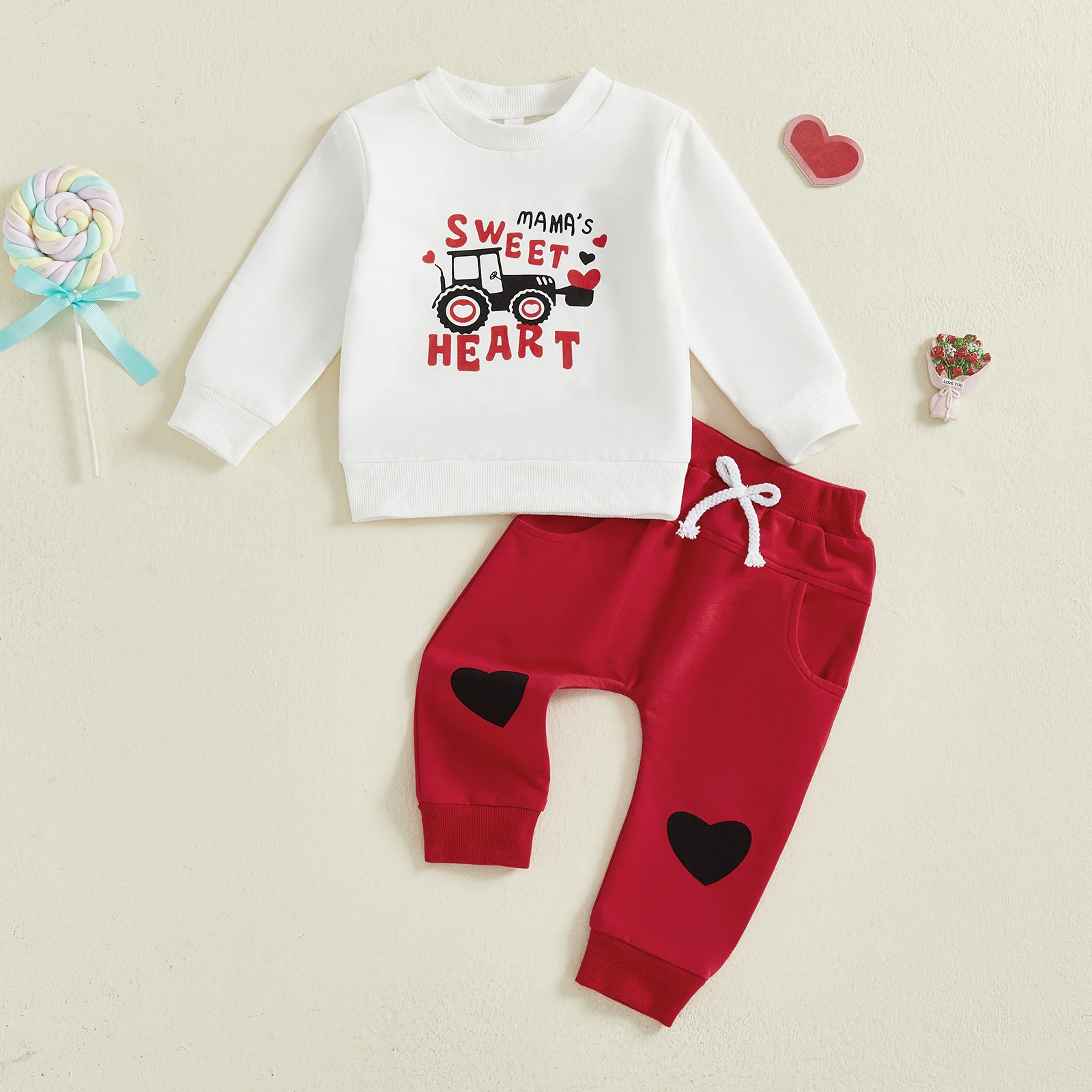 Toddler Baby Boy My First Valentines Day Outfit Tractor Letter Long Sleeve Sweatshirt Heart Pants 2 Piece Boys Clothes Set
