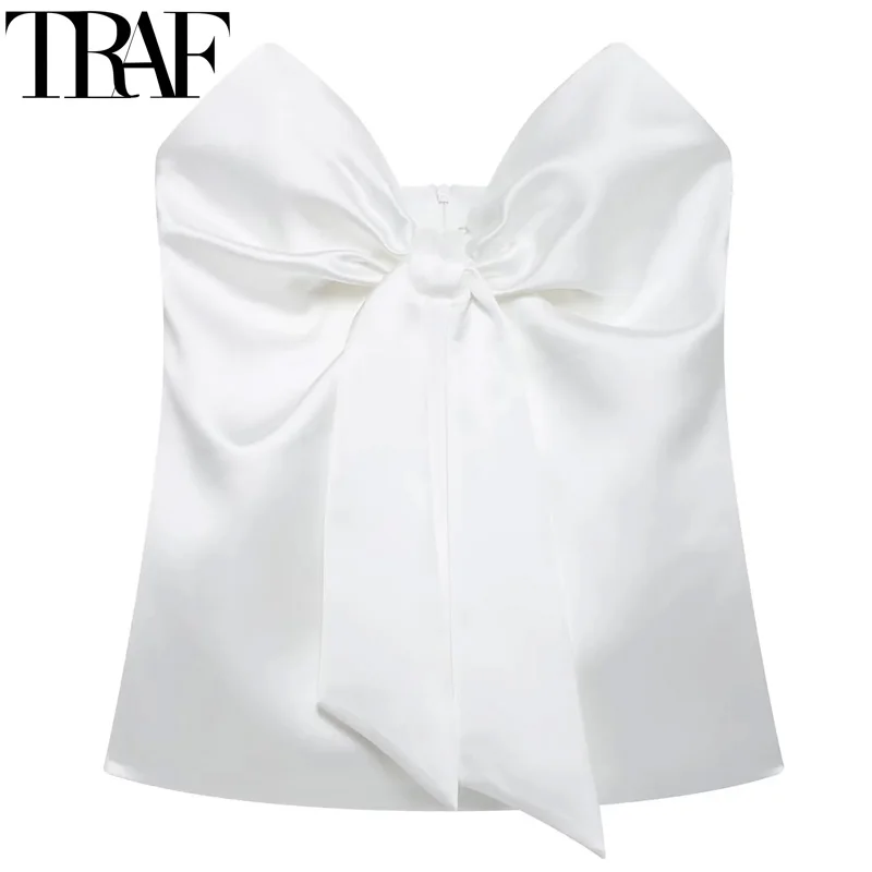 

TRAF Strapless Butterfly Top Corset Woman White Crop Top Ruched Summer Sleeveless Satin Top Sexy Backless Tube Tops For Women