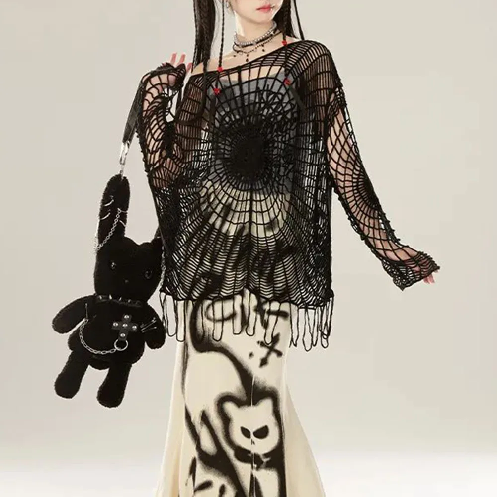 Y2K Hollow Spider Web Smock Top Vintage T-shirt Women Gothic Fashion Fishing Net Blouses Babes Mesh Pullovers Tshirts Grunge