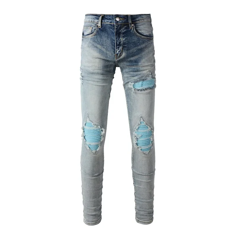 Pop High Street European And American Streetwear. New Men's Eye-catching Blue Patched Slim-fit Jeans With Holes For 2024.
