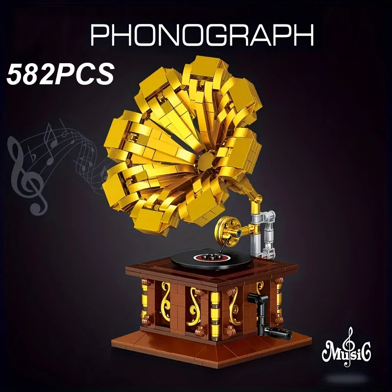 582PCS Gramophone Model Building Blocks DIY European Retro Vinyl Record Player Desktop Decoration Kids DIY Toys Holiday Gifts