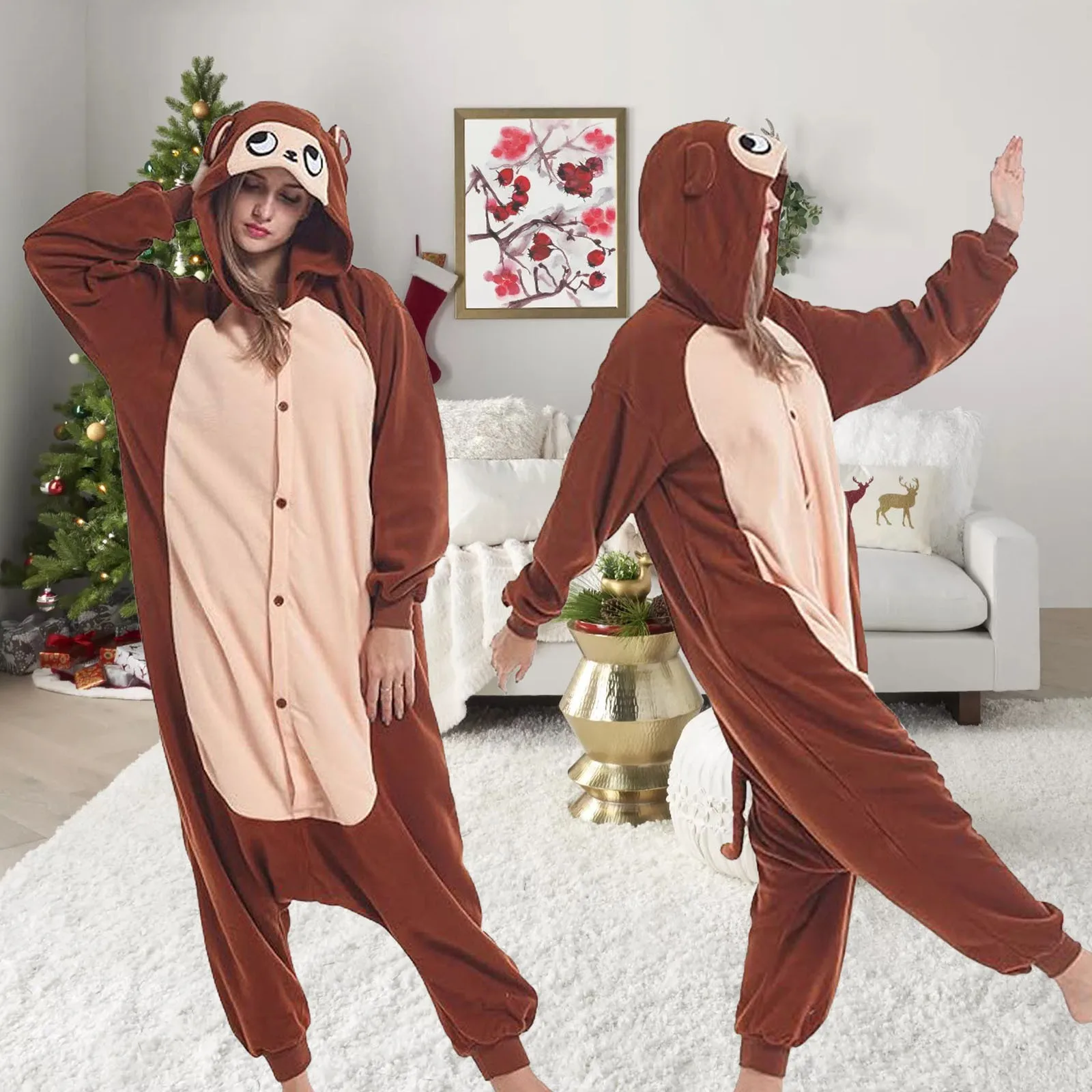 Brown Monkey Onesies Unisex Men Pyjamas  Animal Women's Pajamas Adults Winter Warm Sleepwear Anime Costumes Cartoon Jumpsuit