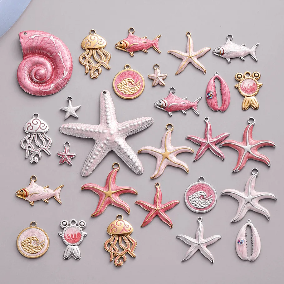 2pcs Marine Animals Pink/Hot Pink Enamel Charm Shell Jellyfish Starfish Conch Stainless Steel Pendant Charms For Jewelry Making