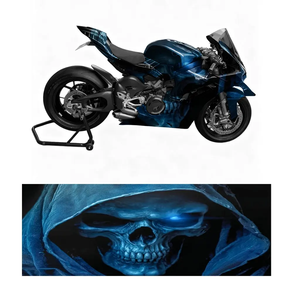 

Motorcycle Self-adhesive PVC Sticker,Blue Ghost Skull Pattern, Suitable For Most Motorcycles, Durable, Waterproof And Bubble Fre