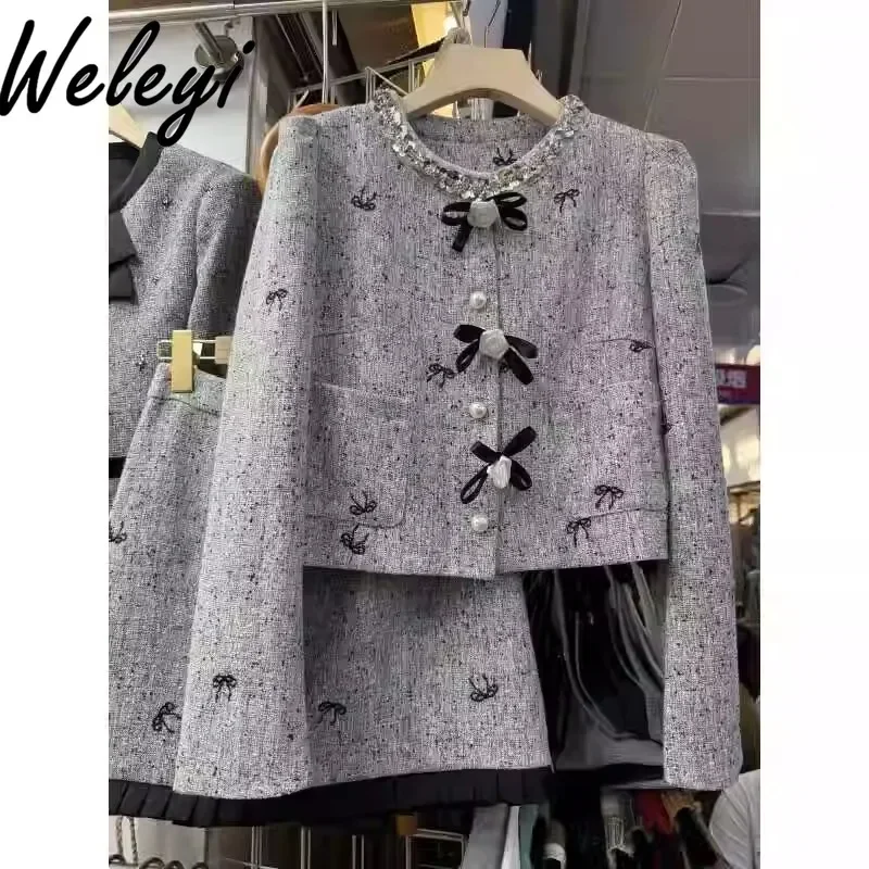 

Socialite Skirt Outfit Bow with Diamonds Short Tweed Jacket 2024 Autumn and Winter New Temperament Women's Long Sleeve Suit Coat