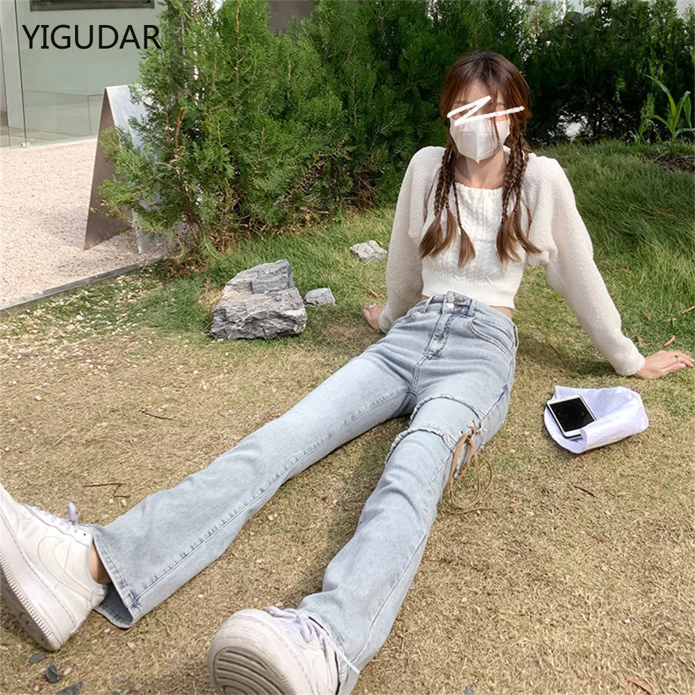 

2022 Y2k Gothic Punk Harajuku High Waist Slim Denim Long Trouser Women Slit Ripped Jeans Design Flared Pants Ins Streetwear New