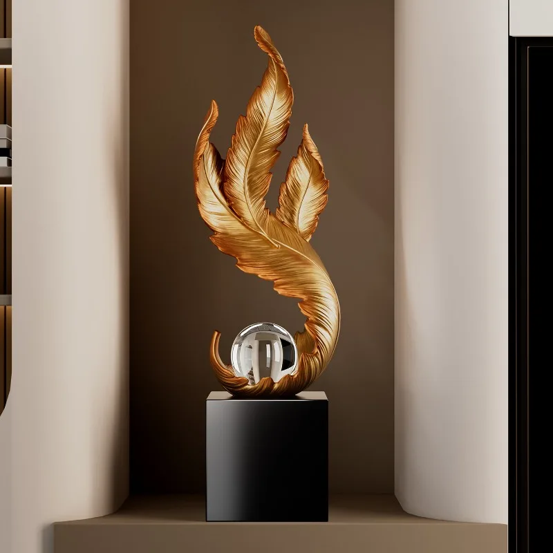 Luxury Feather Art Sculpture Decoration,Golden Resin Living Room Entrance,Foyer Niche TV Stand Statuette Decorations,Gift