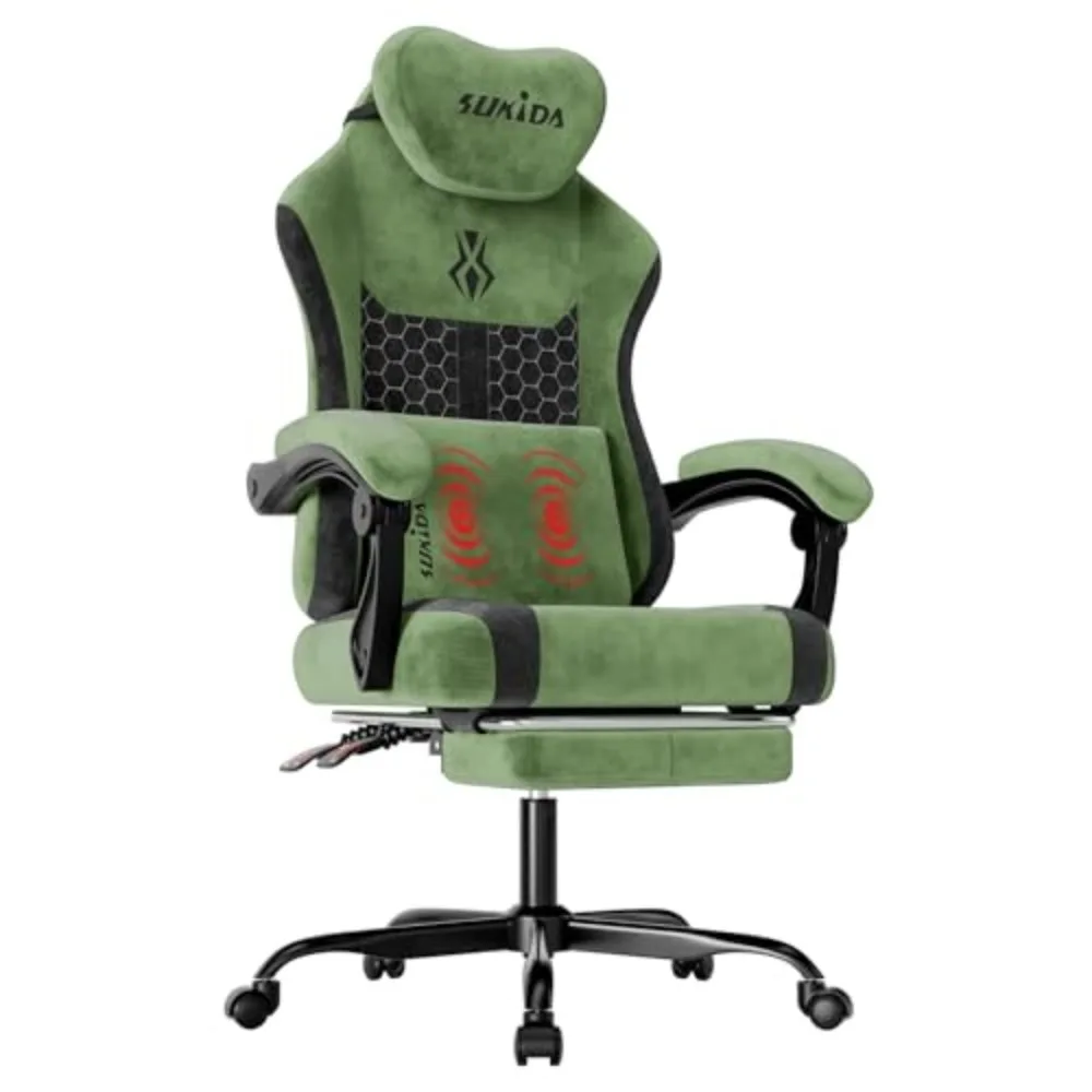 Cadeira de Videogame em Tecido, Cadeiras Ergonômicas para Jogos de Computador com Grande Suporte Lombar Ajustável e Massagem