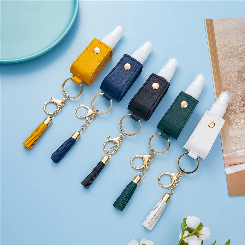 Portable PU Leather Hand Sanitizer Holster Keychain 30ML Tassel Spray Bottle Keychain Disinfection Spray Bottle Holster Key Ring