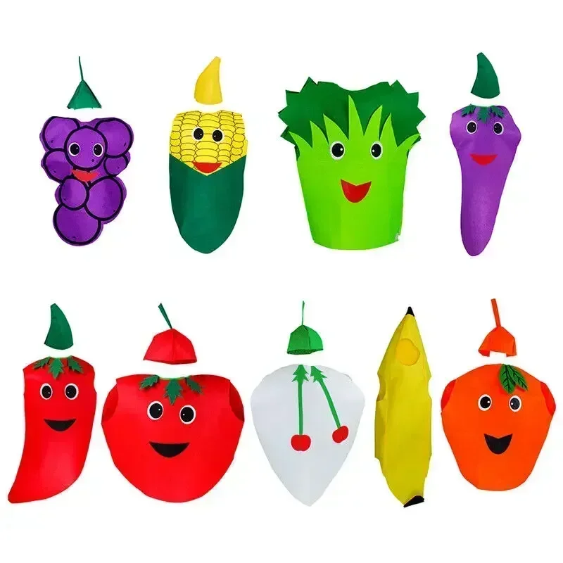 Obst- und Gemüse-Cosplay-Kostüme für Kinder, lustiges Erdbeer-Trauben-Outfit für Jungen und Mädchen, Bühnenkleidung mit Gemüse-Motiv