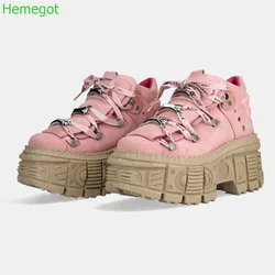 Punk Metal Rivet Short Boots Round Thick Sole Fashion Boots 2024 Spring New Pink Street Style Lace Up Casual Women Ankle Shoes