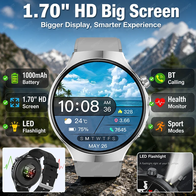 

2026 New Model Outdoor 1000mAh battery Smartwatch 1.7” HD Screen Wireless Call LED Flashlight 100+ Sports Modes Fitness tracker