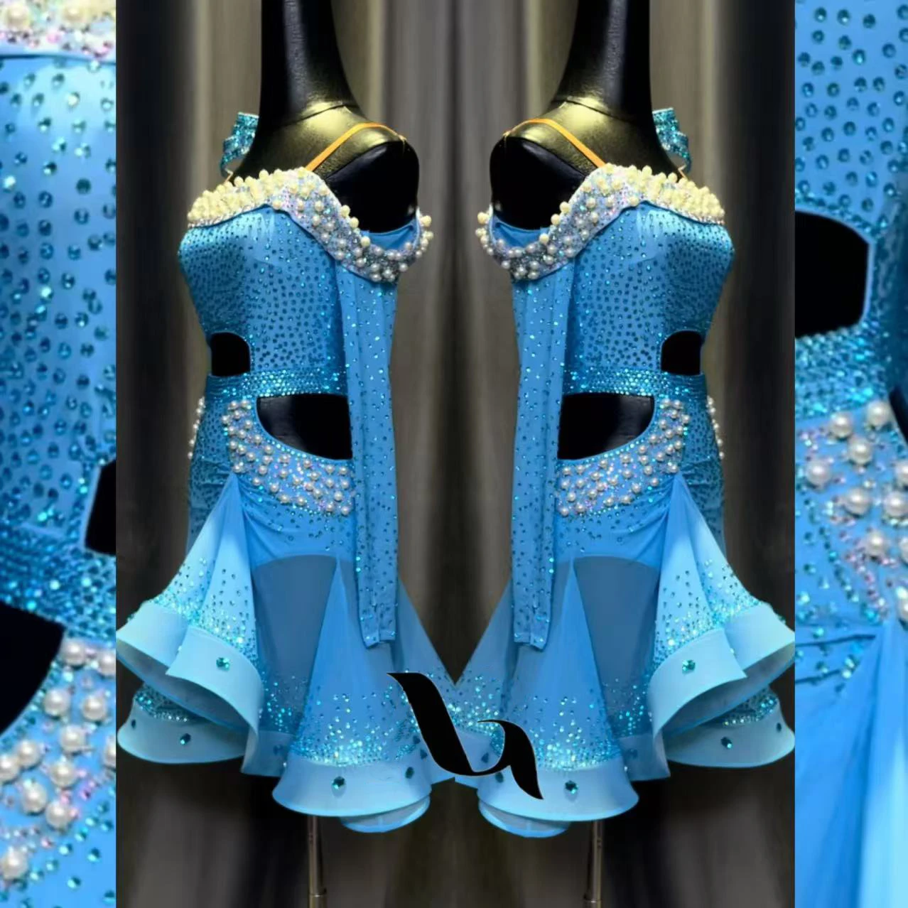 

Платье для латинских танцев для взрослых и детей AB Stone, высококачественная женская одежда на заказ с синим жемчугом и русалкой на одно плечо, точное женское танго