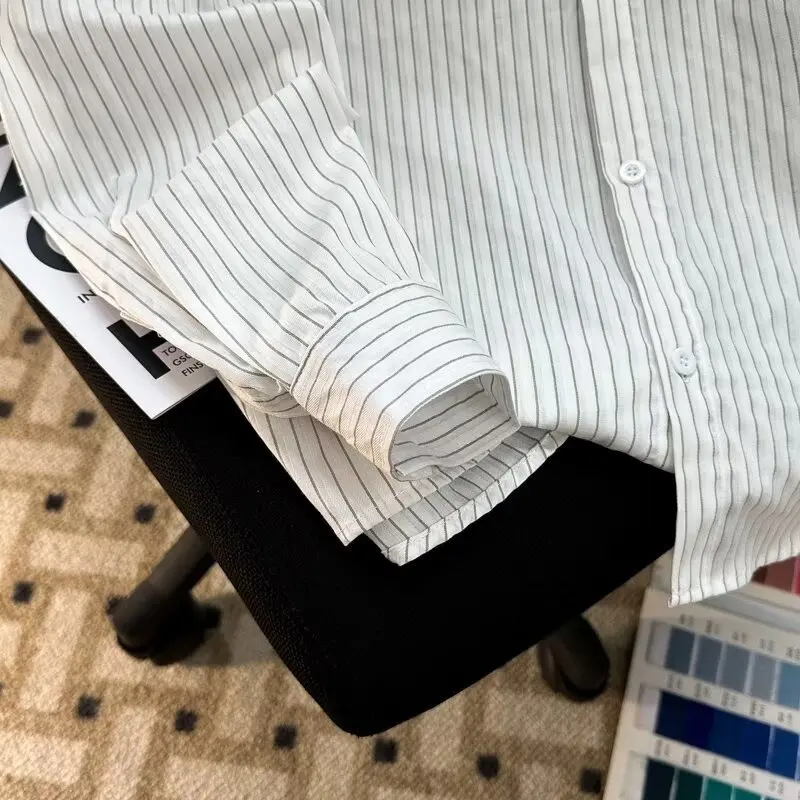 2026 Pure Striped Shirt Men's Vintage Loose Casual Long-sleeved Shirt Male Spring Autumn Turn Down Collar Blouses