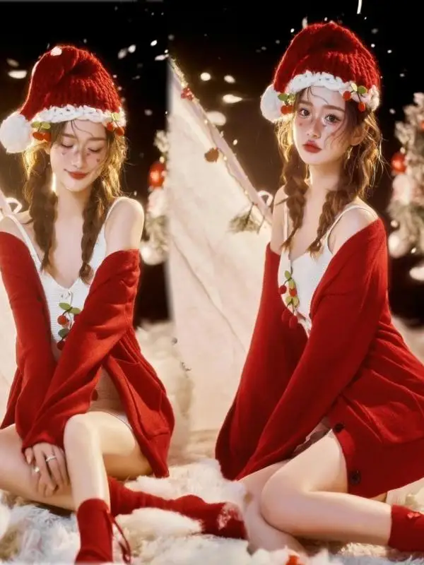 

Red Knitted Sweater Photography Costume Sweetheart Girl Art Photo Shoot Studio Autumn Winter New Arrival Polyester Fiber