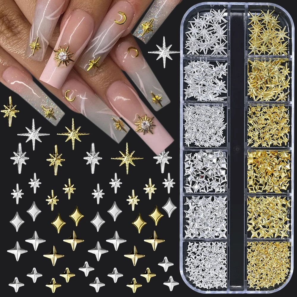 12 grades liga cruz estrelas strass encantos de unhas 3d gemas de metal misturado ouro prata decorações de unhas jóias para acessórios diy y2