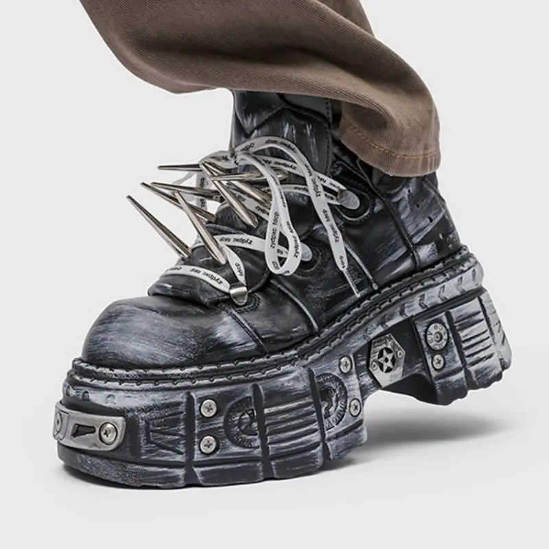 Big-head Boot Men's Trendy Lace-up Punk Fashion Thick Soled Men High Top Short Motorcycle Boots Retro Metal Design Men Sneakers