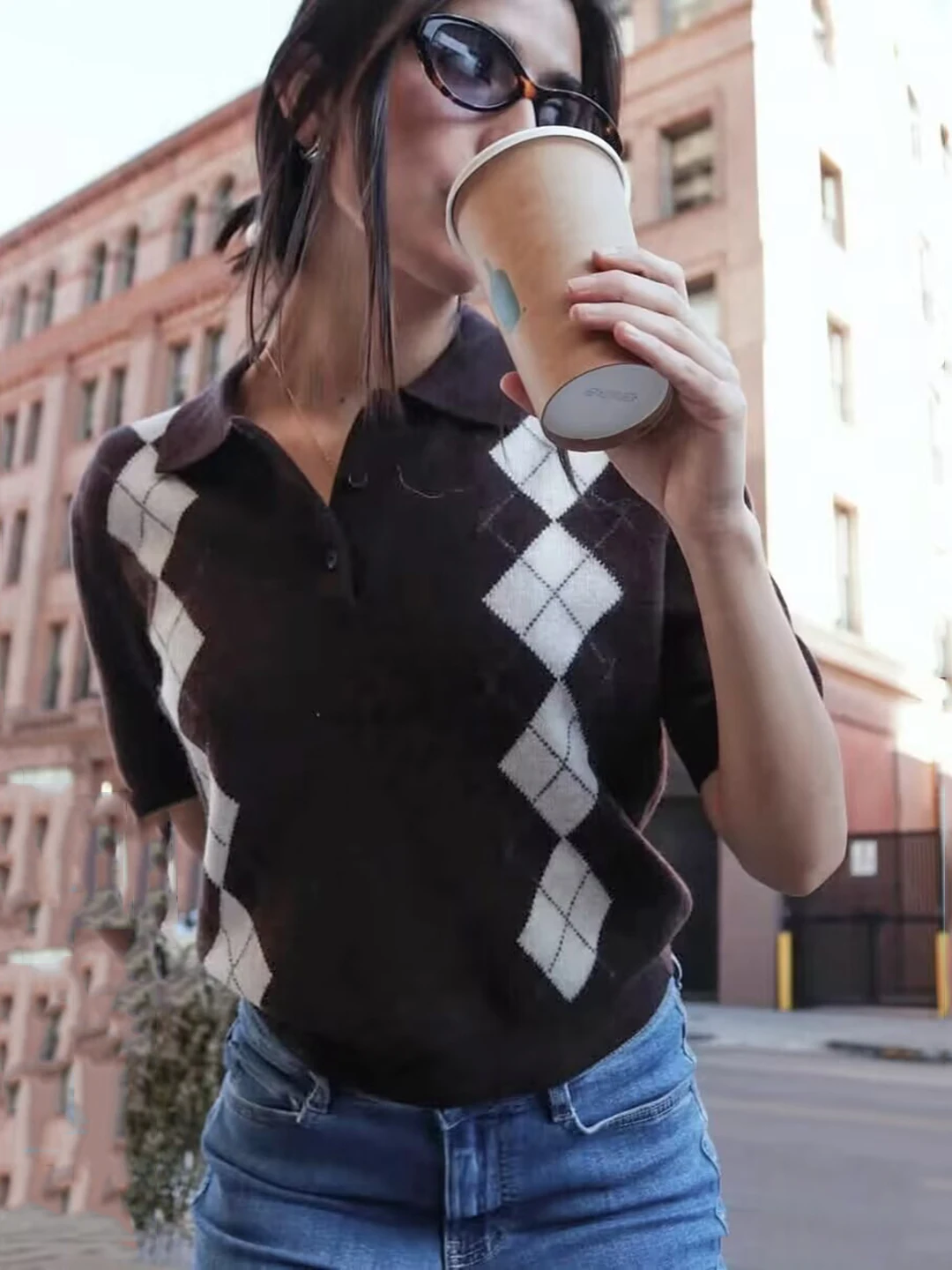 

Ele Briti Sle женские трикотажные irt ort Sve Diamond Pattern Новое поступление Agel Commuter College Faion Brown