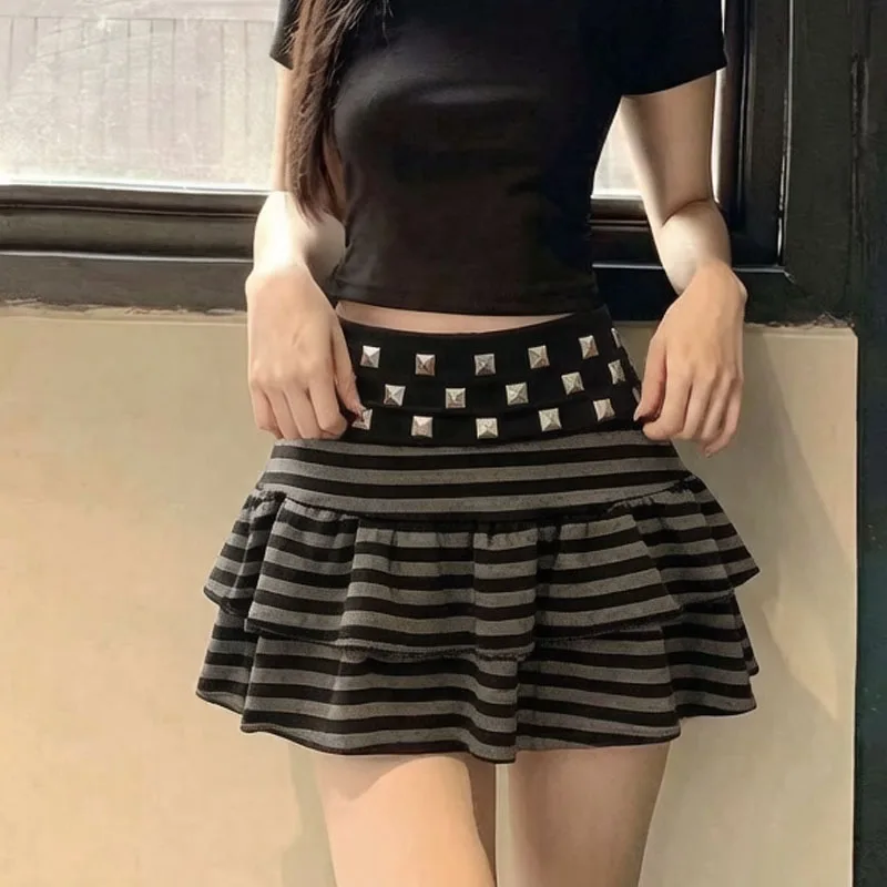 Summer Gothic Punk Style Y2K Striped Halter Skirt Punk Goth Harajuku Style Metal Rivet Design Girls Aesthetic Slim Streetwear