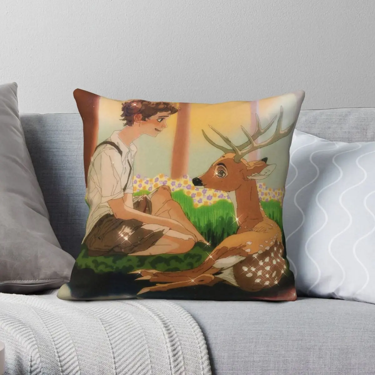Forest Friends Boy Deer Square Pillowcase Polyester Linen Velvet Creative Zip Decor Pillow Case Car Cushion Cover 45x45