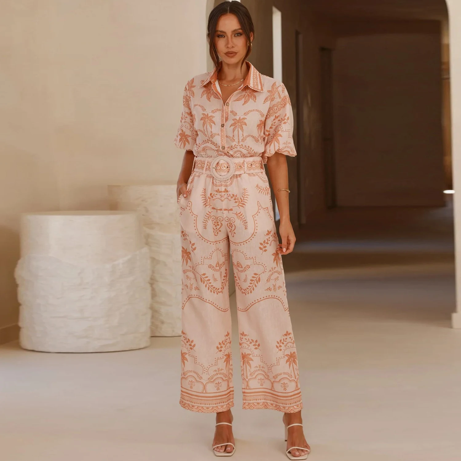 

Women Shirt Collar Single Breasted Floral Print Linen Casual Spring Summer Pants Suit