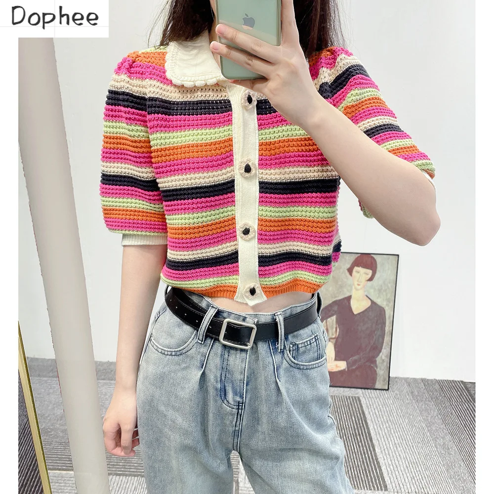 

High Quality New Autumn Women Clothes Cute Rainbow Stripes Cotton Knitted Cardigan Coat Elegant Peter Pan Collar Casual Crop Top