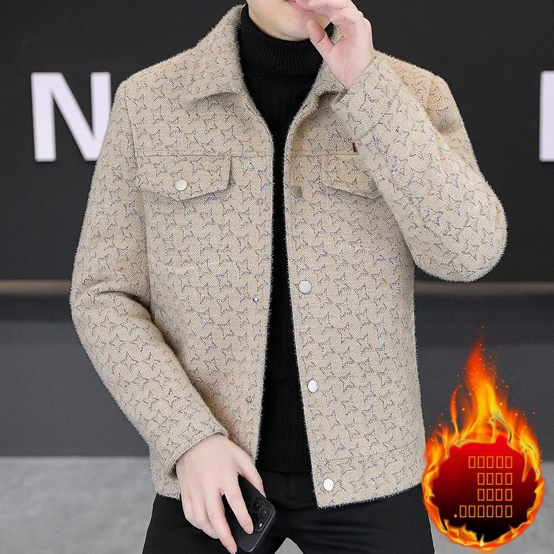 

Winter Thiened Fce Lined Jaet Men's Slim Fit Casual Warm Outerwear High End Feeling Street Sle Trendy Polyester Fiber