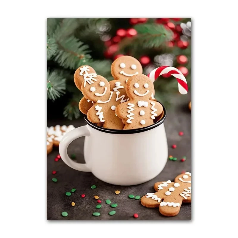 الشتاء عيد الميلاد الدفء ملصق فني الكوكيز، القهوة، بيوت الثلج، الهدايا قماش الفن عطلة حزب ديكور المنزل مقهى ديكور