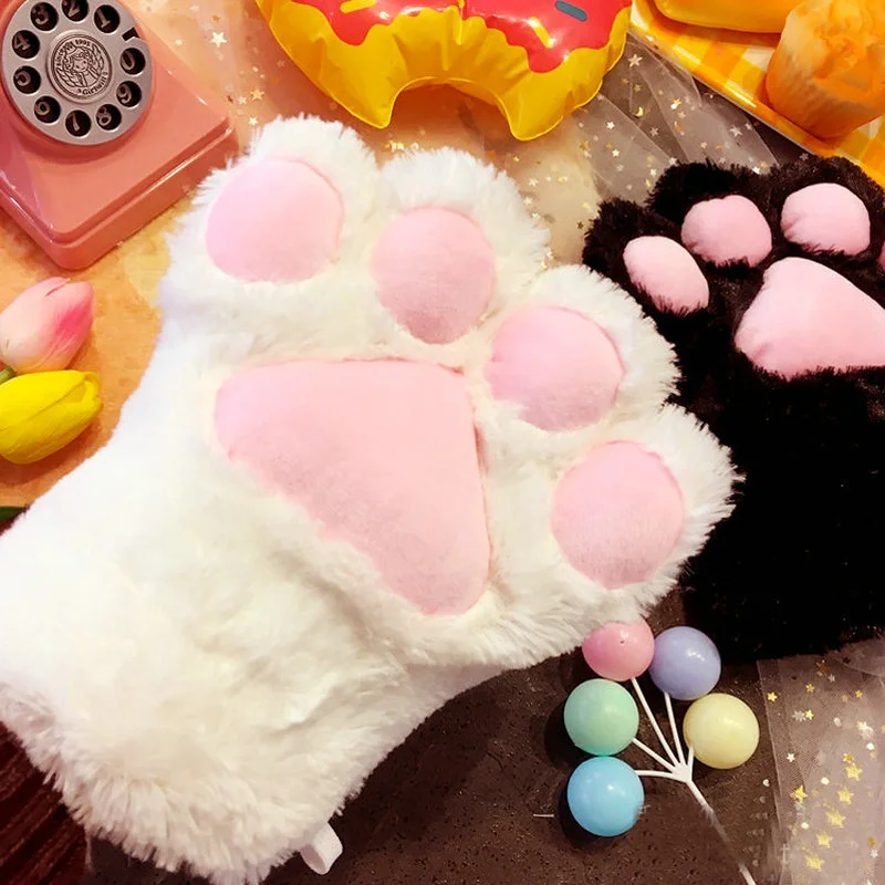 Cute Cat Paw Fluffy Claw Fingerless Gloves Warm Soft Plush Fingerless Panda Glove Half Finger Women Winter Wear Christmas Gifts