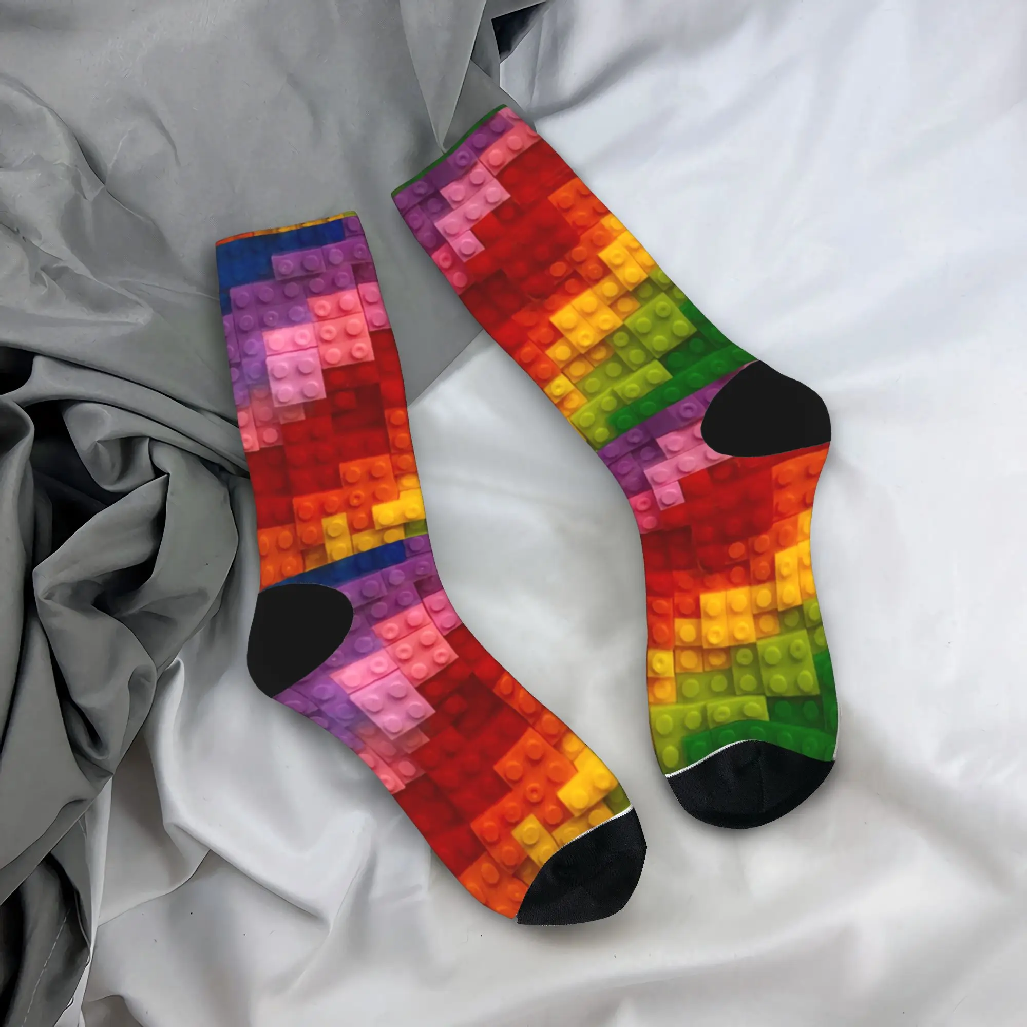 Building Block Style Rainbow Colours Stockings Print Gothic Socks Autumn Non Skid Socks Unisex Men Skateboard Comfortable Socks