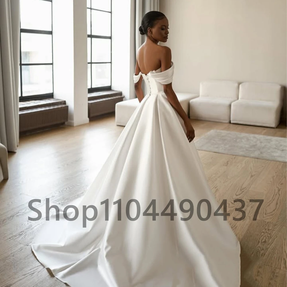 Customized Sweet Heart White A-line Satin Wedding Gown Draped Off the Shoulder Sleeveless Backless Floor Length Bride Dress