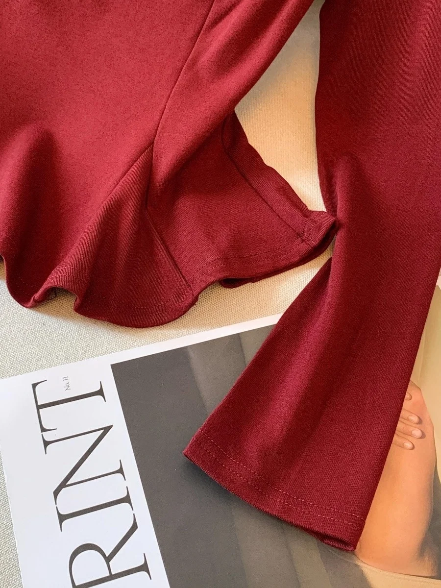 Renda vermelha guarnição ort irt feminino outono inverno bonito saia um ombro base irt topo coreano sle commute sle cintura cinch