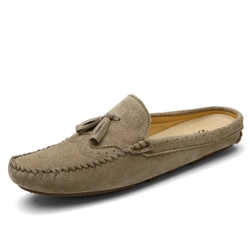 High Quality Suede Men Half Slippers Genuine Leather Man Casual Shoes Fashion Mens Loafers Slip on Lightweight Walking Shoes