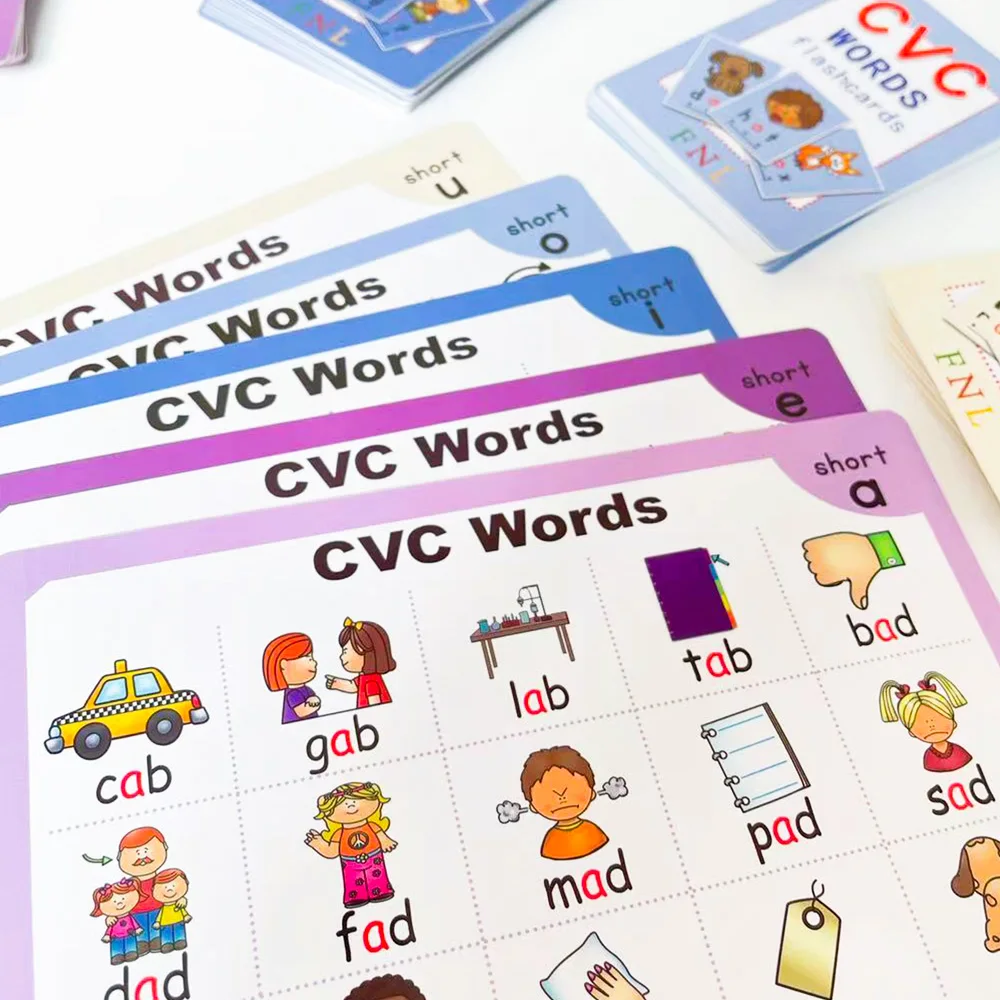 131 Phonics CVC Words Flashcards + 2 Workbooks +8 Posters Language Arts Skills Charts Word Family Words for Kids Learning Books