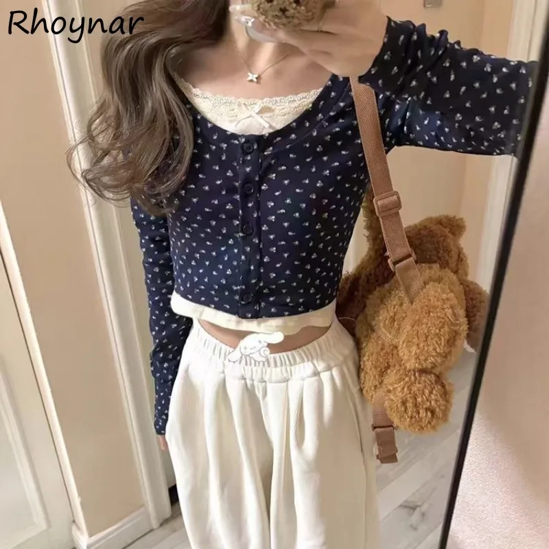 Floral T-shirts Women Long Sleeve Fake 2pcs Bow Lace Design Slimming All-match Casual Korean Style Trendy Spring Sweet Girls